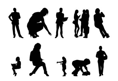 Vektör siluetleri, insanların ana hatları, Contour çizimleri, insanların siluetleri, ikon kümesi izole edilmiş, oturan insanların silueti, mimari set