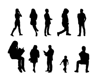 Vektör siluetleri, insanların ana hatları, Contour çizimleri, insanların siluetleri, ikon kümesi izole edilmiş, oturan insanların silueti, mimari set