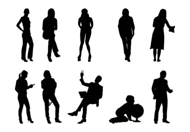 Vektör siluetleri, insanların ana hatları, Contour çizimleri, insanların siluetleri, ikon kümesi izole edilmiş, oturan insanların silueti, mimari set