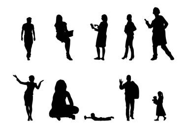 Vektör siluetleri, insanların ana hatları, Contour çizimleri, insanların siluetleri, ikon kümesi izole edilmiş, oturan insanların silueti, mimari set