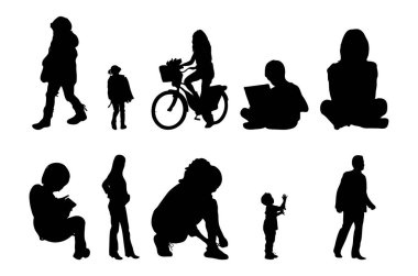 Vektör siluetleri, insanların ana hatları, Contour çizimleri, insanların siluetleri, ikon kümesi izole edilmiş, oturan insanların silueti, mimari set