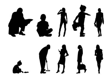 Vektör siluetleri, insanların ana hatları, Contour çizimleri, insanların siluetleri, ikon kümesi izole edilmiş, oturan insanların silueti, mimari set