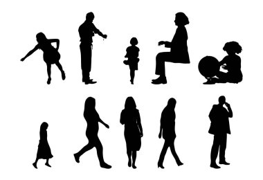 Vektör siluetleri, insanların ana hatları, Contour çizimleri, insanların siluetleri, ikon kümesi izole edilmiş, oturan insanların silueti, mimari set