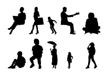 Vektör siluetleri, insanların ana hatları, Contour çizimleri, insanların siluetleri, ikon kümesi izole edilmiş, oturan insanların silueti, mimari set