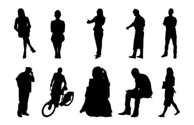Vektör siluetleri, insanların ana hatları, Contour çizimleri, insanların siluetleri, ikon kümesi izole edilmiş, oturan insanların silueti, mimari set