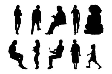Vektör siluetleri, insanların ana hatları, Contour çizimleri, insanların siluetleri, ikon kümesi izole edilmiş, oturan insanların silueti, mimari set