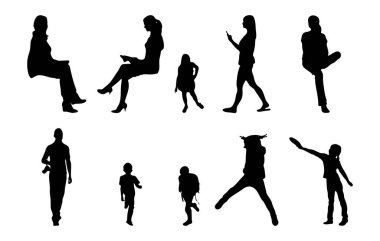 Vektör siluetleri, insanların ana hatları, Contour çizimleri, insanların siluetleri, ikon kümesi izole edilmiş, oturan insanların silueti, mimari set