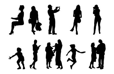 Vektör siluetleri, insanların ana hatları, Contour çizimleri, insanların siluetleri, ikon kümesi izole edilmiş, oturan insanların silueti, mimari set