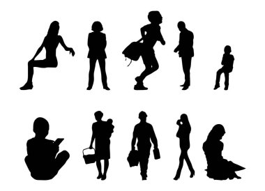 Vektör siluetleri, insanların ana hatları, Contour çizimleri, insanların siluetleri, ikon kümesi izole edilmiş, oturan insanların silueti, mimari set