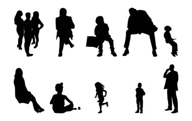 Vektör siluetleri, insanların ana hatları, Contour çizimleri, insanların siluetleri, ikon kümesi izole edilmiş, oturan insanların silueti, mimari set