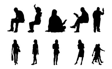 Vektör siluetleri, insanların ana hatları, Contour çizimleri, insanların siluetleri, ikon kümesi izole edilmiş, oturan insanların silueti, mimari set