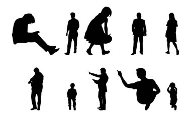 Vektör siluetleri, insanların ana hatları, Contour çizimleri, insanların siluetleri, ikon kümesi izole edilmiş, oturan insanların silueti, mimari set