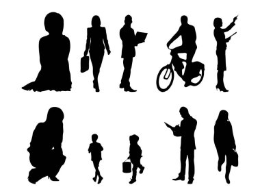 Vektör siluetleri, insanların ana hatları, Contour çizimleri, insanların siluetleri, ikon kümesi izole edilmiş, oturan insanların silueti, mimari set