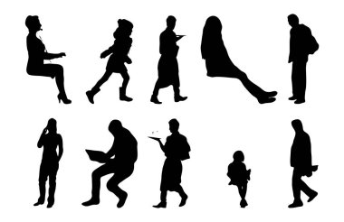 Vektör siluetleri, insanların ana hatları, Contour çizimleri, insanların siluetleri, ikon kümesi izole edilmiş, oturan insanların silueti, mimari set
