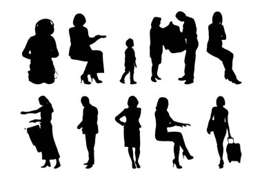 Vektör siluetleri, insanların ana hatları, Contour çizimleri, insanların siluetleri, ikon kümesi izole edilmiş, oturan insanların silueti, mimari set