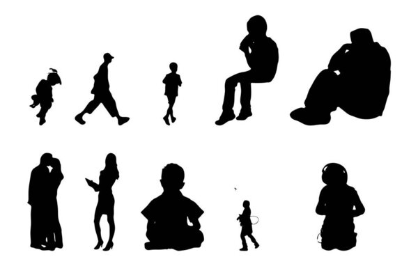 Vector silhouettes, Outline silhouettes of people, Contour drawing, people silhouette, Icon Set Isolated, Silhouette of sitting people, Architectural set