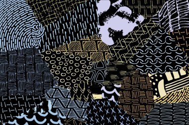 Soyut siyah konturlar, el vektör desen çizdi. Geometrik tarzı Retro soyut desen. Soyut çok renkli geometrik desen.