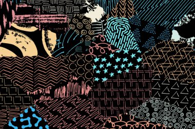 Soyut siyah konturlar, el vektör desen çizdi. Geometrik tarzı Retro soyut desen. Soyut çok renkli geometrik desen.