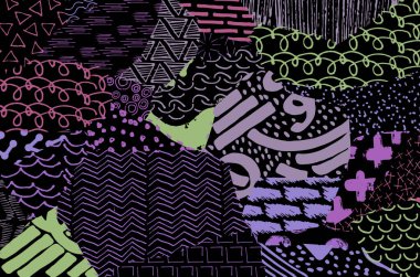 Soyut siyah konturlar, el vektör desen çizdi. Geometrik tarzı Retro soyut desen. Soyut çok renkli geometrik desen.