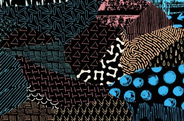 Soyut siyah konturlar, el vektör desen çizdi. Geometrik tarzı Retro soyut desen. Soyut çok renkli geometrik desen.