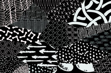 Soyut siyah konturlar, el vektör desen çizdi. Geometrik tarzı Retro soyut desen. Soyut çok renkli geometrik desen.