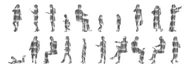 Vektör siluetleri, insanların ana hatları, Contour çizimleri, insanların siluetleri, ikon kümesi izole edilmiş, oturan insanların silueti, mimari set