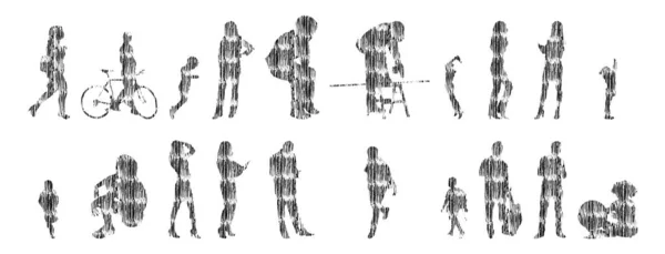 ベクトルシルエット 人の輪郭シルエット 輪郭線画 人のシルエット アイコンセット絶縁 人座っているシルエット 建築セット — ストックベクタ