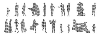 Vektör siluetleri, insanların ana hatları, Contour çizimleri, insanların siluetleri, ikon kümesi izole edilmiş, oturan insanların silueti, mimari set