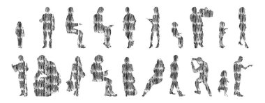 Vektör siluetleri, insanların ana hatları, Contour çizimleri, insanların siluetleri, ikon kümesi izole edilmiş, oturan insanların silueti, mimari set