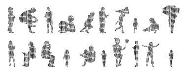 Vektör siluetleri, insanların ana hatları, Contour çizimleri, insanların siluetleri, ikon kümesi izole edilmiş, oturan insanların silueti, mimari set