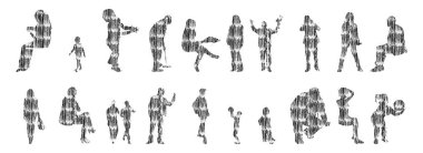 Vektör siluetleri, insanların ana hatları, Contour çizimleri, insanların siluetleri, ikon kümesi izole edilmiş, oturan insanların silueti, mimari set