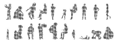 Vektör siluetleri, insanların ana hatları, Contour çizimleri, insanların siluetleri, ikon kümesi izole edilmiş, oturan insanların silueti, mimari set