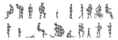 Vektör siluetleri, insanların ana hatları, Contour çizimleri, insanların siluetleri, ikon kümesi izole edilmiş, oturan insanların silueti, mimari set