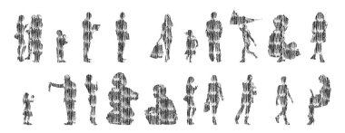 Vektör siluetleri, insanların ana hatları, Contour çizimleri, insanların siluetleri, ikon kümesi izole edilmiş, oturan insanların silueti, mimari set