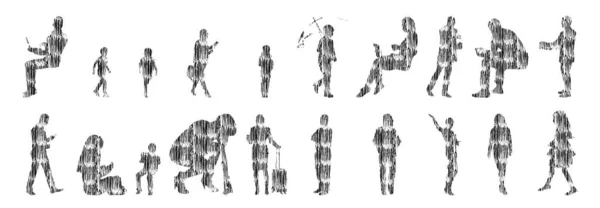 矢量轮廓 人的轮廓轮廓 线路图 人的轮廓 独立的图标集 在位人的轮廓 建筑集合 — 图库矢量图片