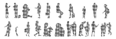 Vektör siluetleri, insanların ana hatları, Contour çizimleri, insanların siluetleri, ikon kümesi izole edilmiş, oturan insanların silueti, mimari set