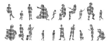 Vektör siluetleri, insanların ana hatları, Contour çizimleri, insanların siluetleri, ikon kümesi izole edilmiş, oturan insanların silueti, mimari set