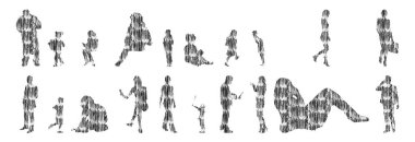 Vektör siluetleri, insanların ana hatları, Contour çizimleri, insanların siluetleri, ikon kümesi izole edilmiş, oturan insanların silueti, mimari set