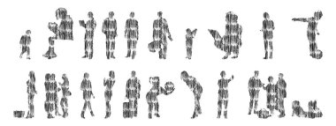 Vektör siluetleri, insanların ana hatları, Contour çizimleri, insanların siluetleri, ikon kümesi izole edilmiş, oturan insanların silueti, mimari set