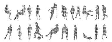 Vektör siluetleri, insanların ana hatları, Contour çizimleri, insanların siluetleri, ikon kümesi izole edilmiş, oturan insanların silueti, mimari set