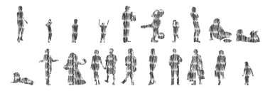 Vektör siluetleri, insanların ana hatları, Contour çizimleri, insanların siluetleri, ikon kümesi izole edilmiş, oturan insanların silueti, mimari set