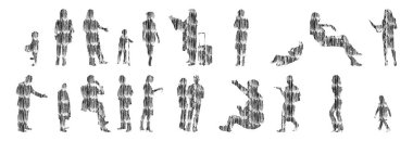 Vektör siluetleri, insanların ana hatları, Contour çizimleri, insanların siluetleri, ikon kümesi izole edilmiş, oturan insanların silueti, mimari set