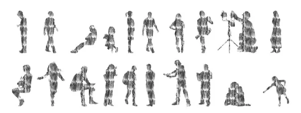 矢量轮廓 人的轮廓轮廓 线路图 人的轮廓 独立的图标集 在位人的轮廓 建筑集合 — 图库矢量图片