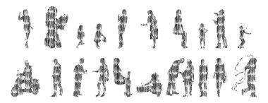 Vektör siluetleri, insanların ana hatları, Contour çizimleri, insanların siluetleri, ikon kümesi izole edilmiş, oturan insanların silueti, mimari set