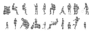 Vektör siluetleri, insanların ana hatları, Contour çizimleri, insanların siluetleri, ikon kümesi izole edilmiş, oturan insanların silueti, mimari set