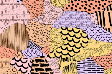 Soyut siyah konturlar, el vektör desen çizdi. Geometrik tarzı Retro soyut desen. Soyut çok renkli geometrik desen.