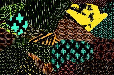 Soyut siyah konturlar, el vektör desen çizdi. Geometrik tarzı Retro soyut desen. Soyut çok renkli geometrik desen.