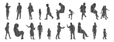 Vektör siluetleri, insanların ana hatları, Contour çizimleri, insanların siluetleri, ikon kümesi izole edilmiş, oturan insanların silueti, mimari set