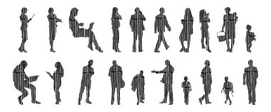 Vektör siluetleri, insanların ana hatları, Contour çizimleri, insanların siluetleri, ikon kümesi izole edilmiş, oturan insanların silueti, mimari set