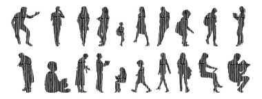 Vektör siluetleri, insanların ana hatları, Contour çizimleri, insanların siluetleri, ikon kümesi izole edilmiş, oturan insanların silueti, mimari set